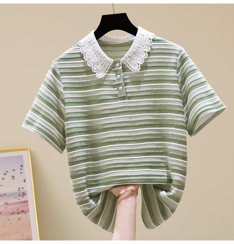 Plus Size Korean Stripes Lace Collar Polo Blouse