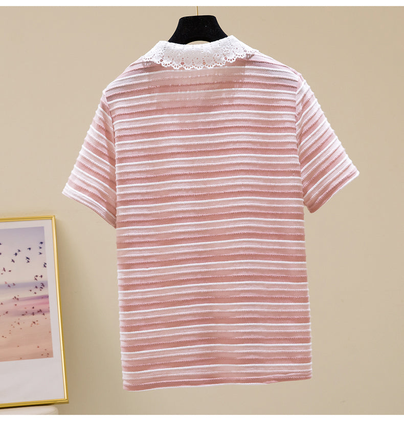 Plus Size Korean Stripes Lace Collar Polo Blouse