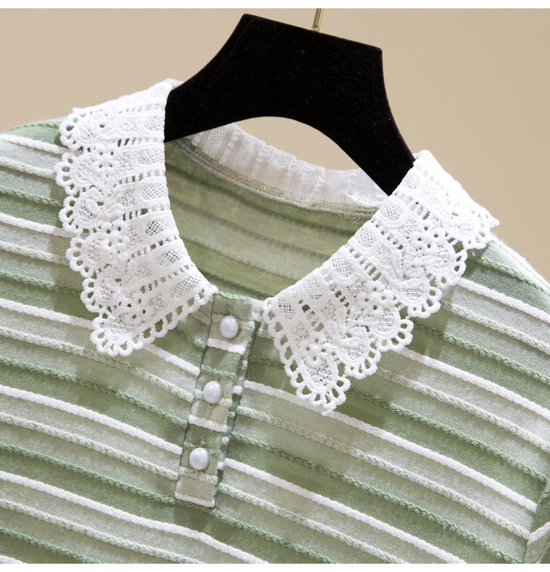 Plus Size Korean Stripes Lace Collar Polo Blouse