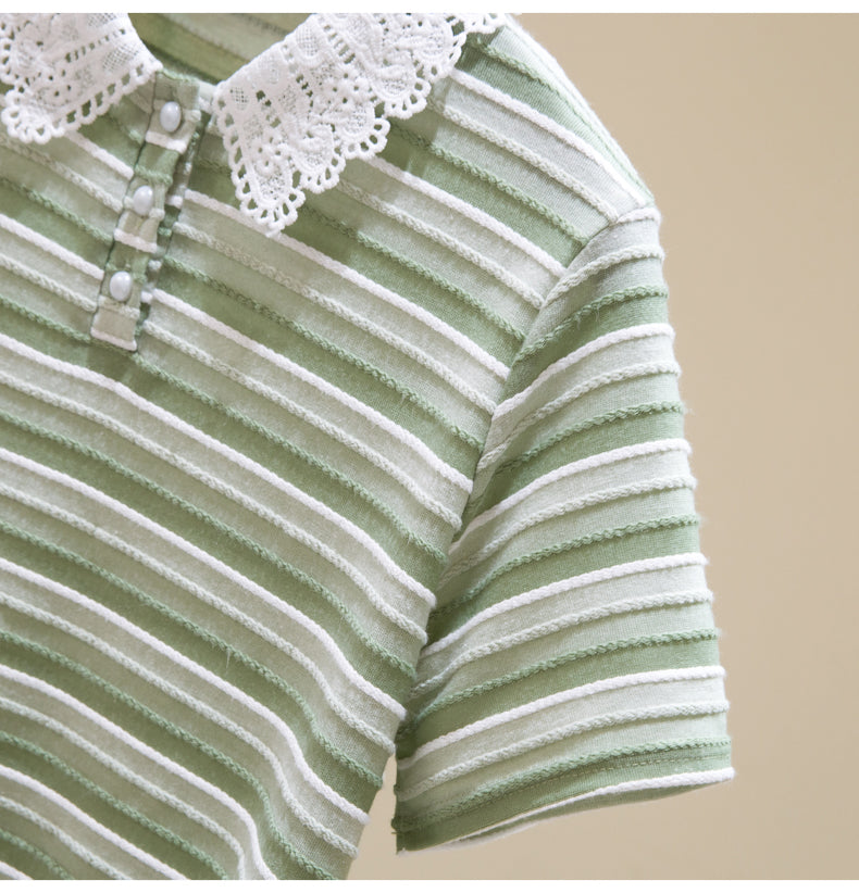 Plus Size Korean Stripes Lace Collar Polo Blouse