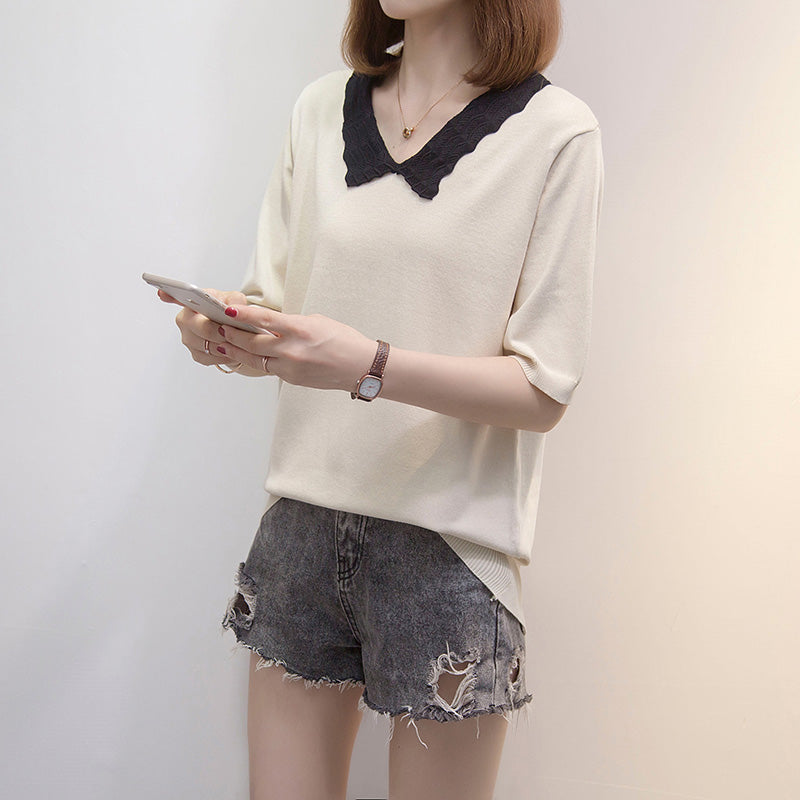 Plus Size Scallop Collar Knit Blouse