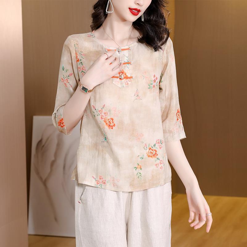 Plus Size Oriental Cheongsam Blouse and Wide Leg Pants Set