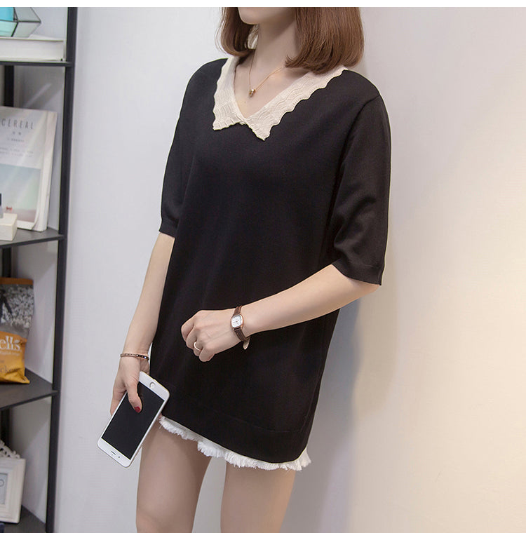 Plus Size Scallop Collar Knit Blouse