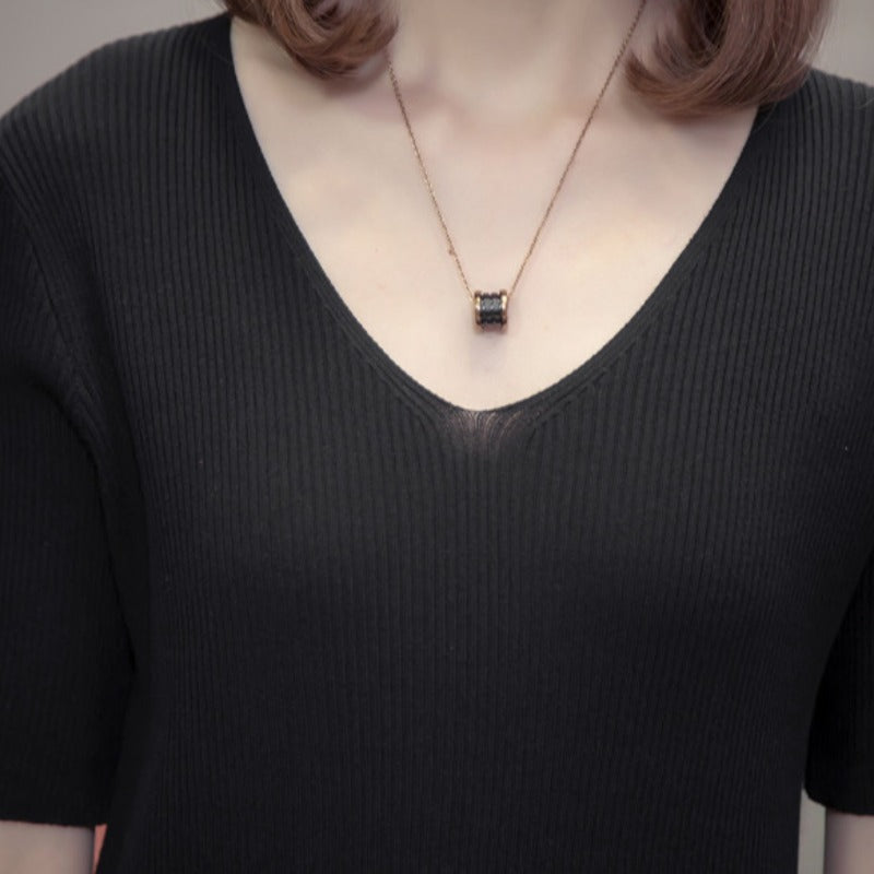 Plus Size Light Knit V Neck T Shirt Top