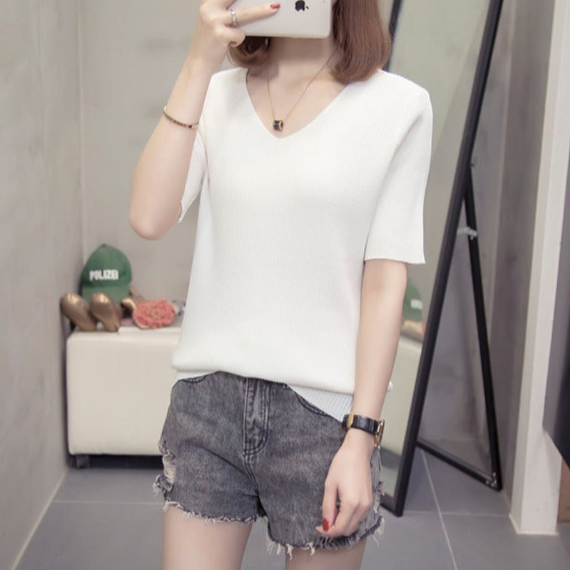 Plus Size Light Knit V Neck T Shirt Top