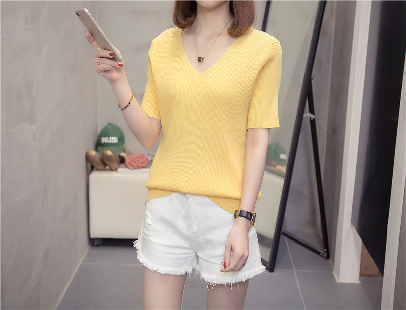 Plus Size Light Knit V Neck T Shirt Top
