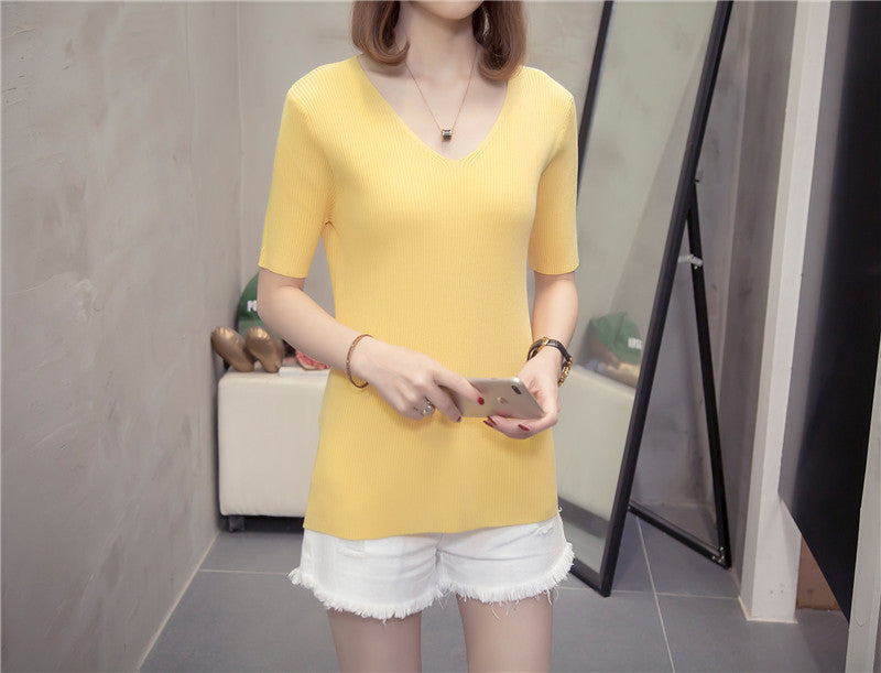 Plus Size Light Knit V Neck T Shirt Top