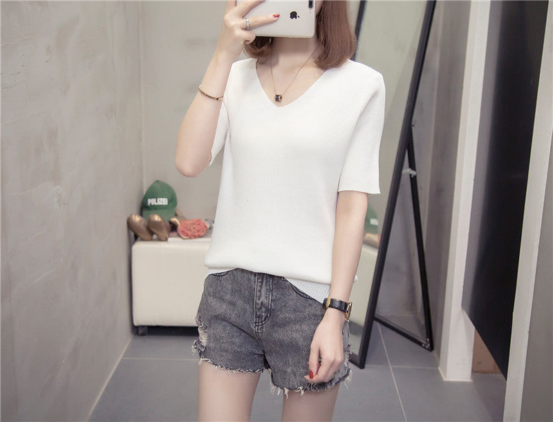 Plus Size Light Knit V Neck T Shirt Top