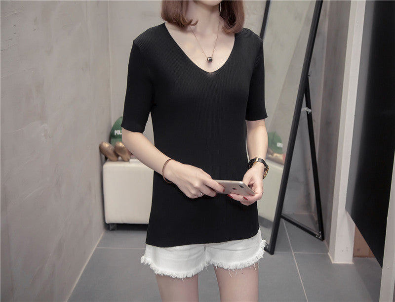 Plus Size Light Knit V Neck T Shirt Top