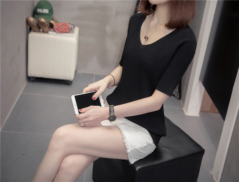 Plus Size Light Knit V Neck T Shirt Top