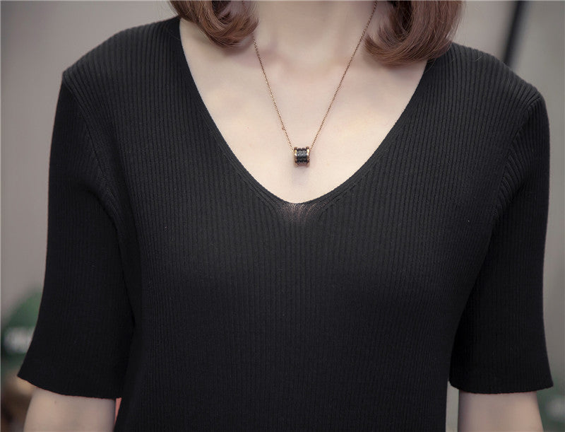 Plus Size Light Knit V Neck T Shirt Top