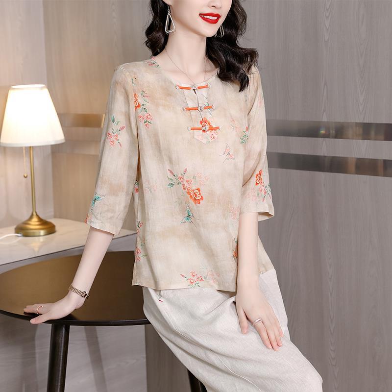 Plus Size Oriental Cheongsam Blouse and Wide Leg Pants Set