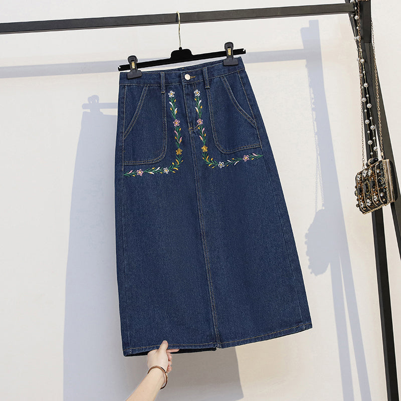 Plus Size Embroidered Flowers Denim Midi Skirt