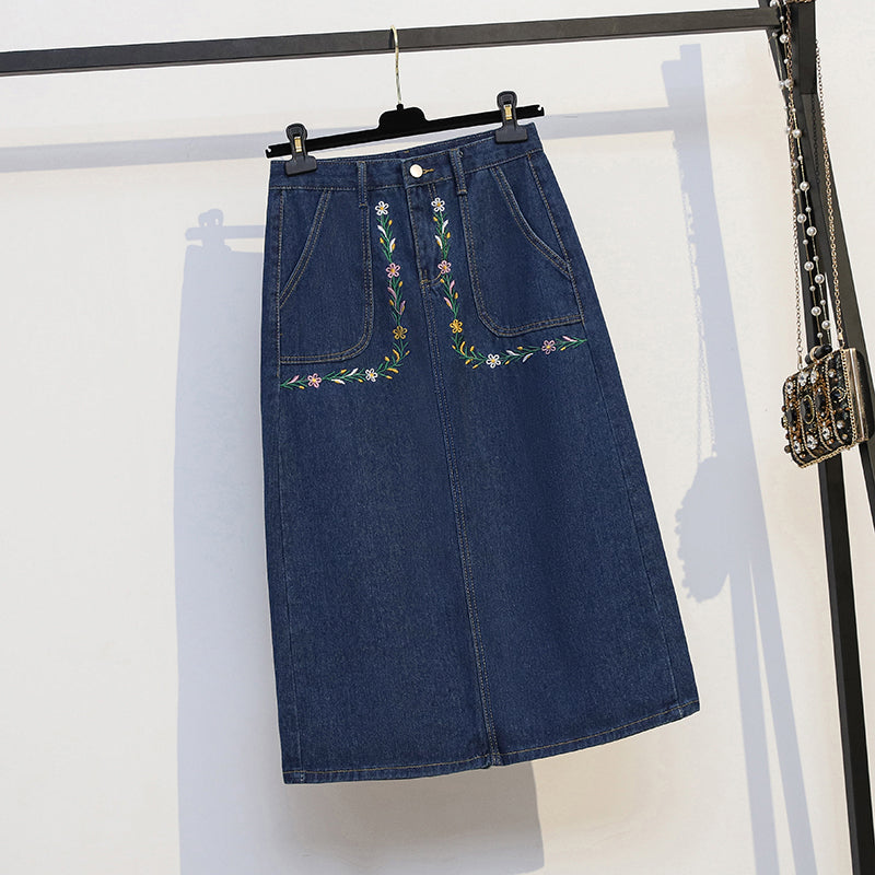 Plus Size Embroidered Flowers Denim Midi Skirt