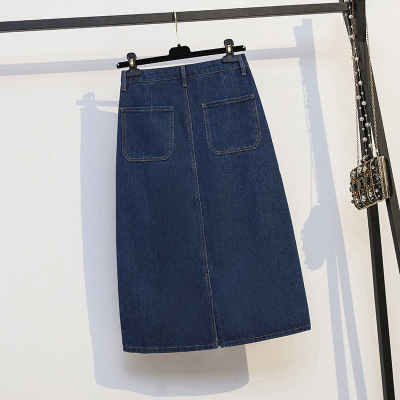 Plus Size Embroidered Flowers Denim Midi Skirt