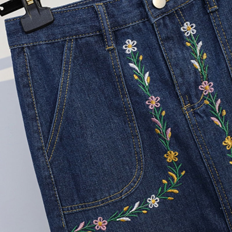 Plus Size Embroidered Flowers Denim Midi Skirt