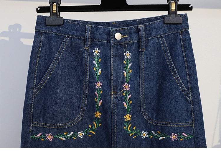 Plus Size Embroidered Flowers Denim Midi Skirt