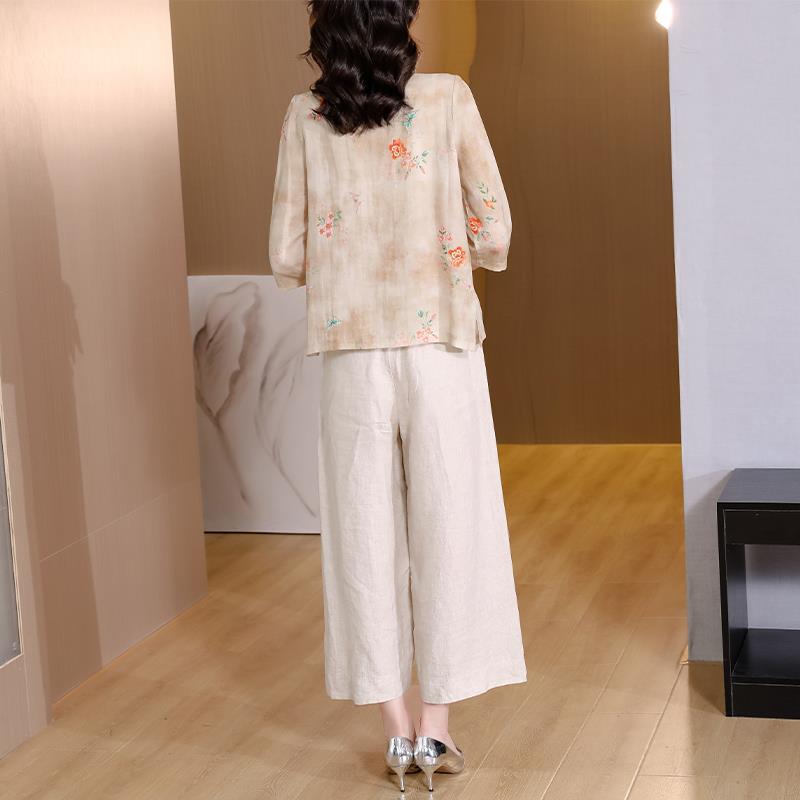 Plus Size Oriental Cheongsam Blouse and Wide Leg Pants Set