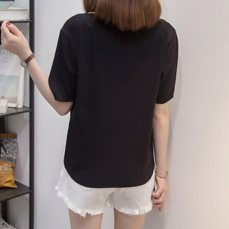 Plus Size Knit Rib Scallop V Neck Tee