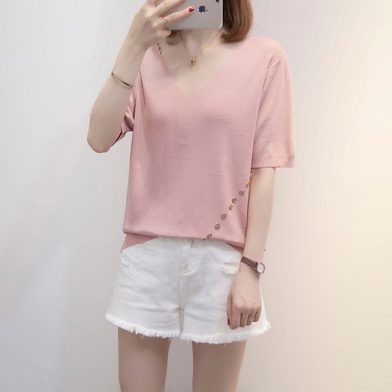 Plus Size Knit Rib Scallop V Neck Tee