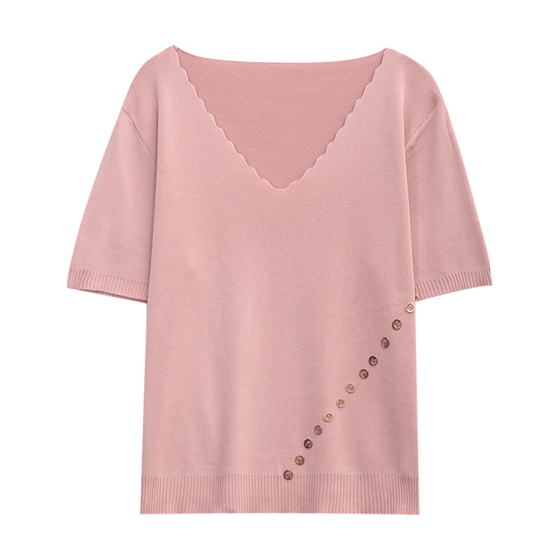 Plus Size Knit Rib Scallop V Neck Tee