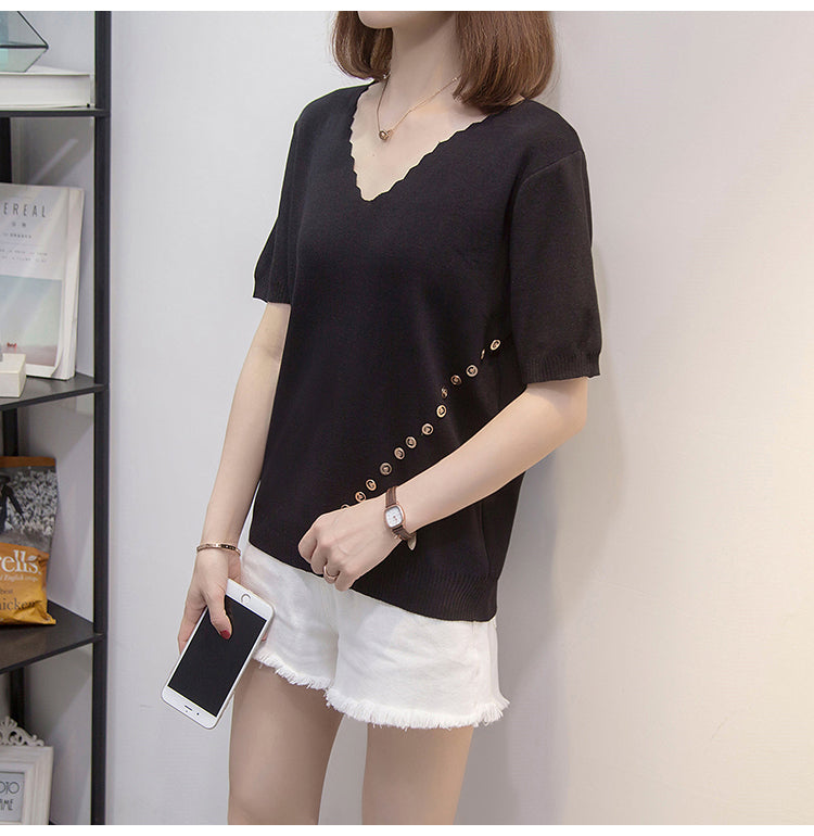 Plus Size Knit Rib Scallop V Neck Tee