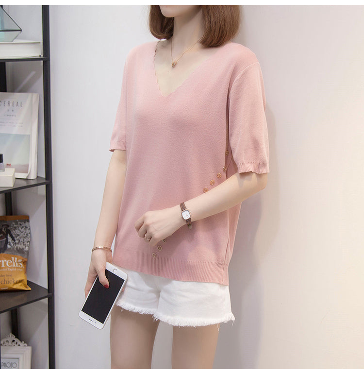 Plus Size Knit Rib Scallop V Neck Tee