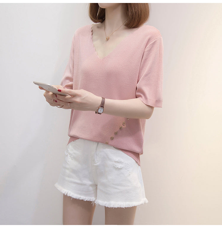 Plus Size Knit Rib Scallop V Neck Tee