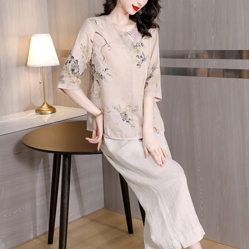 Plus Size Beige Oriental Cheongsam Blouse and Wide Leg Pants Set
