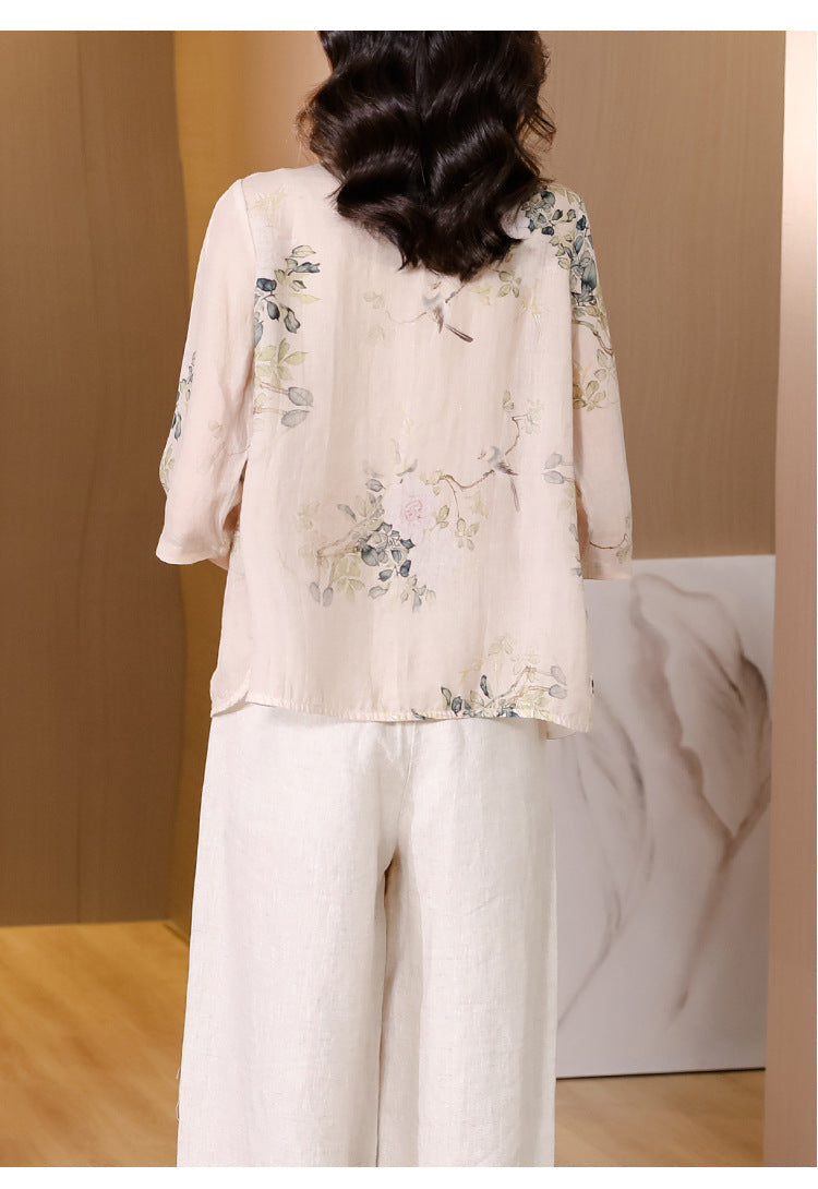 Plus Size Beige Oriental Cheongsam Blouse and Wide Leg Pants Set