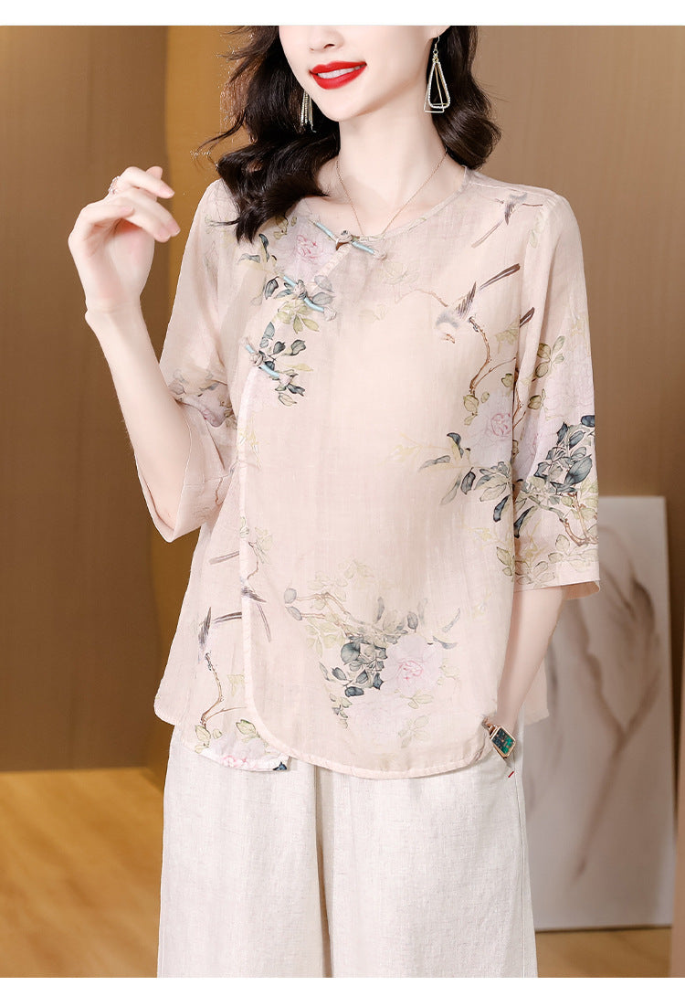 Plus Size Beige Oriental Cheongsam Blouse and Wide Leg Pants Set