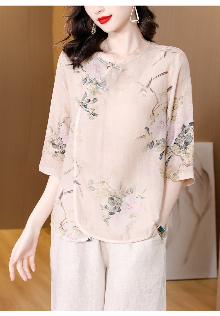 Plus Size Beige Oriental Cheongsam Blouse and Wide Leg Pants Set
