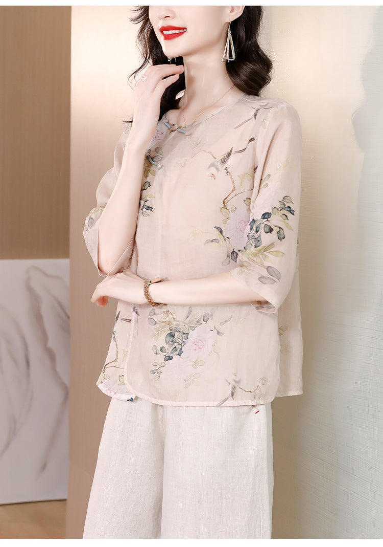 Plus Size Beige Oriental Cheongsam Blouse and Wide Leg Pants Set