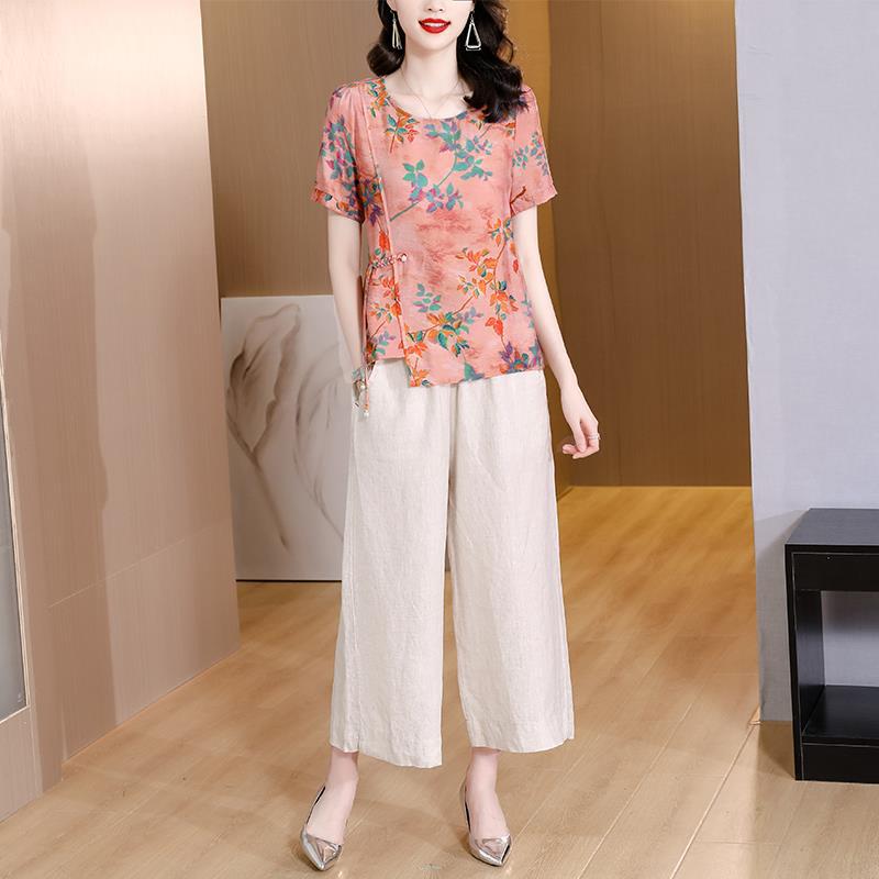 Plus Size Bright Oriental Blouse and Wide Leg Pants Set