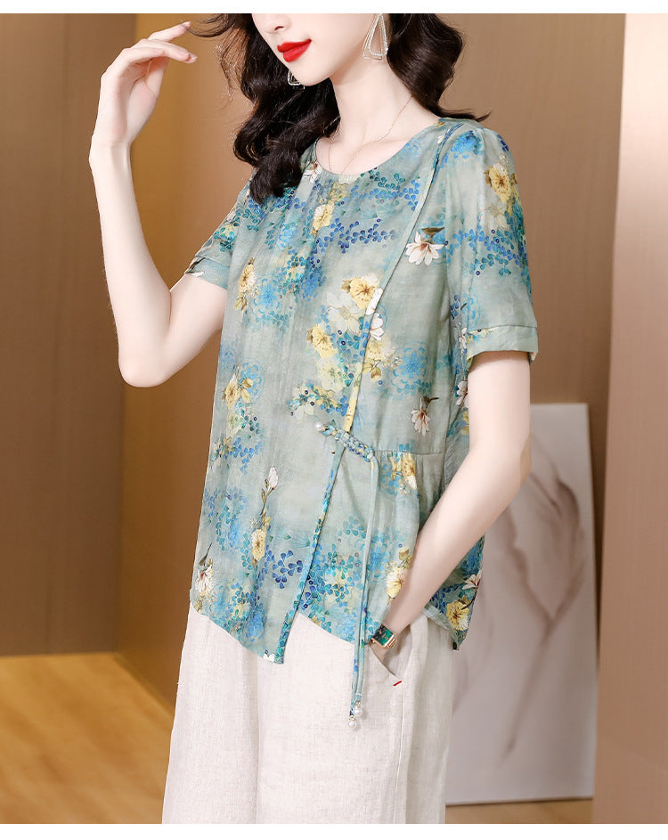 Plus Size Bright Oriental Blouse and Wide Leg Pants Set