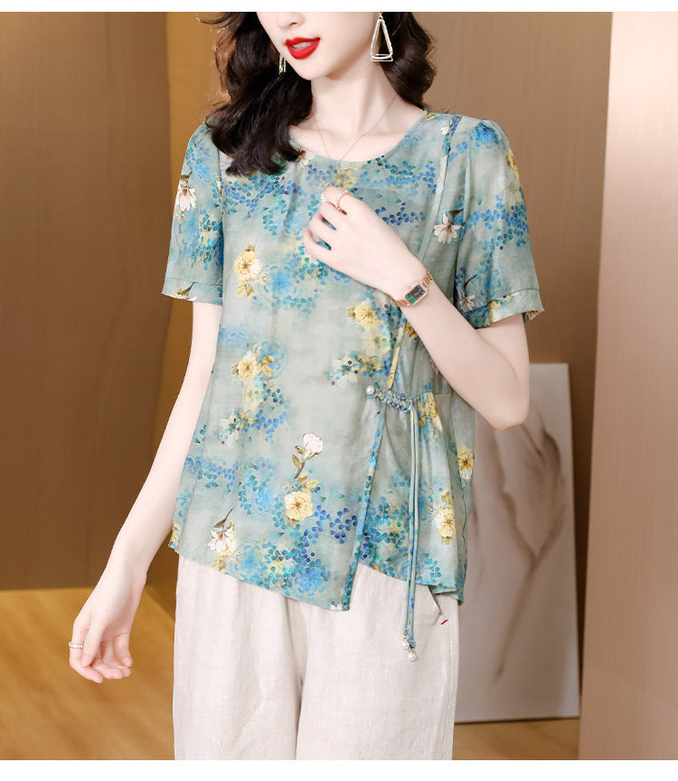 Plus Size Bright Oriental Blouse and Wide Leg Pants Set