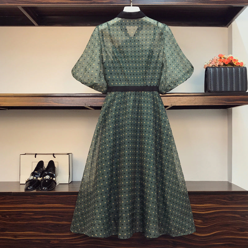 Plus Size Green Polka Dots Pussybow Dress