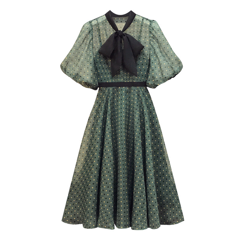Plus Size Green Polka Dots Pussybow Dress