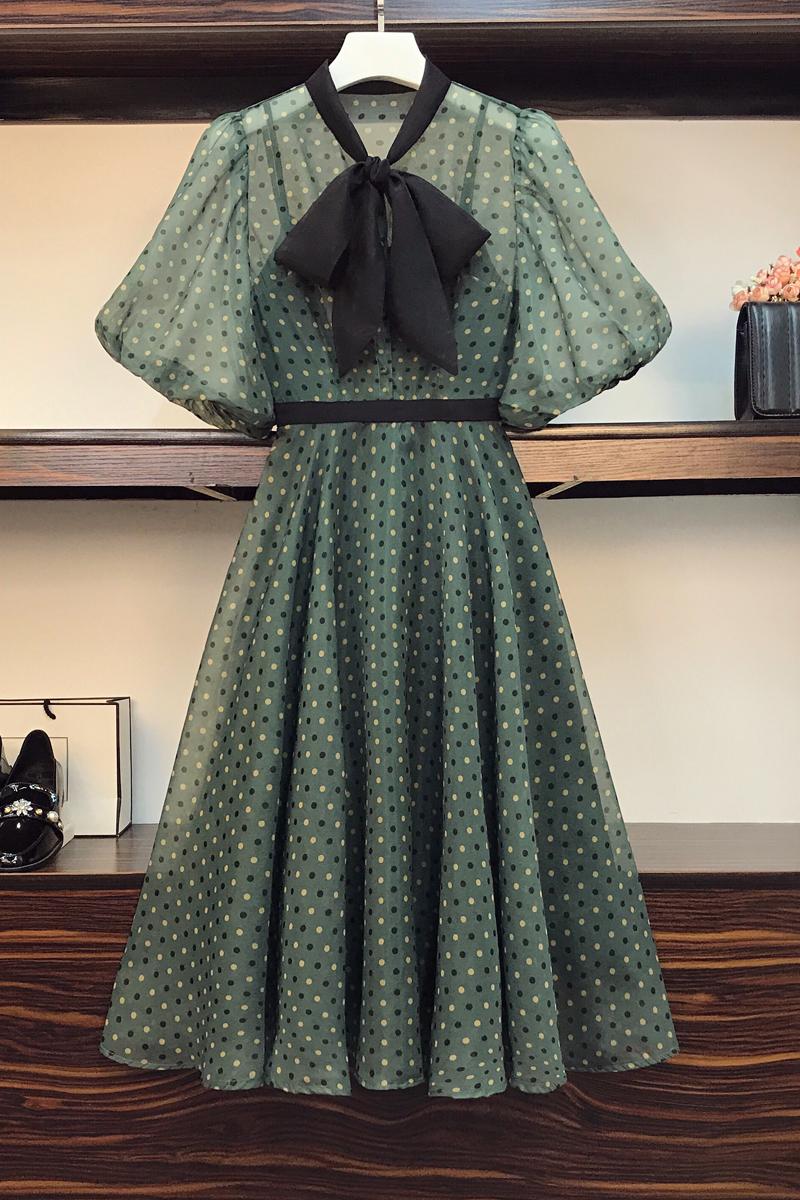 Plus Size Green Polka Dots Pussybow Dress