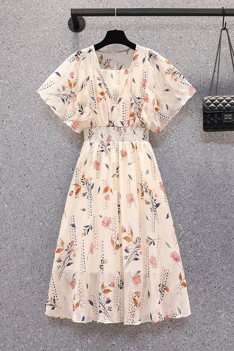 Plus Size Floral Chiffon Flutter Sleeve Dress