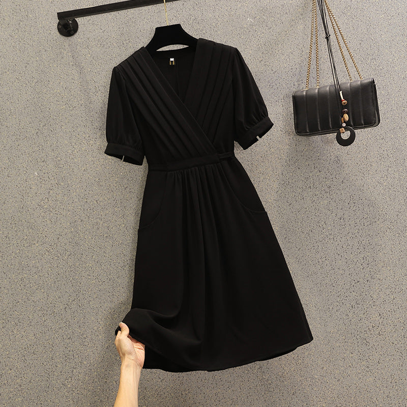 Plus Size Korean Pleat Wrap V Neck Dress