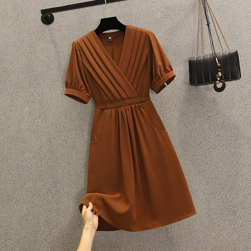 Plus Size Korean Pleat Wrap V Neck Dress