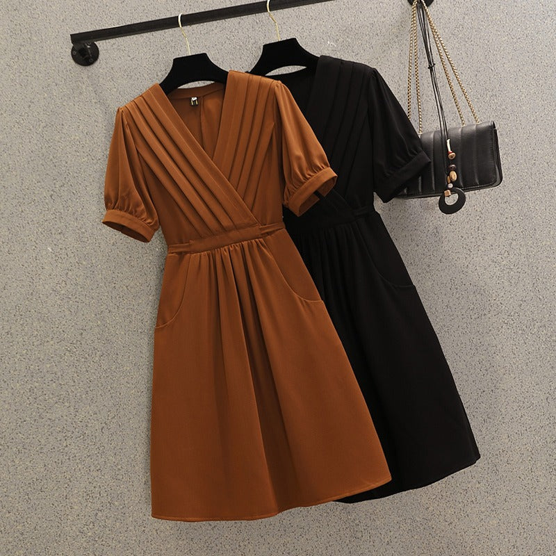 Plus Size Korean Pleat Wrap V Neck Dress