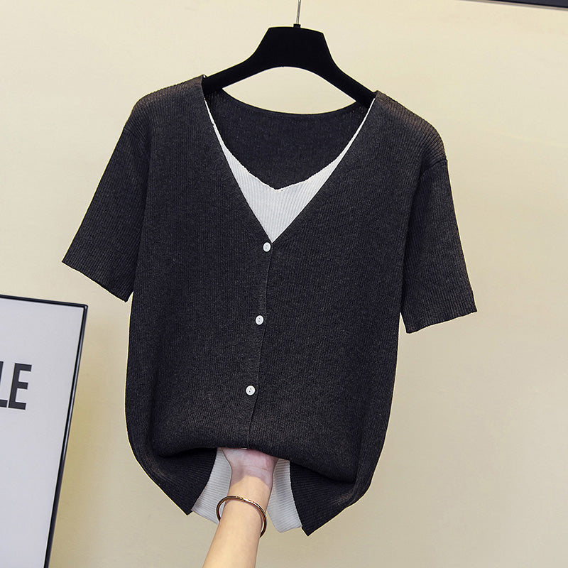 Plus Size Ribbed Knit Buttons V Neck Top
