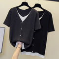 Plus Size Ribbed Knit Buttons V Neck Top