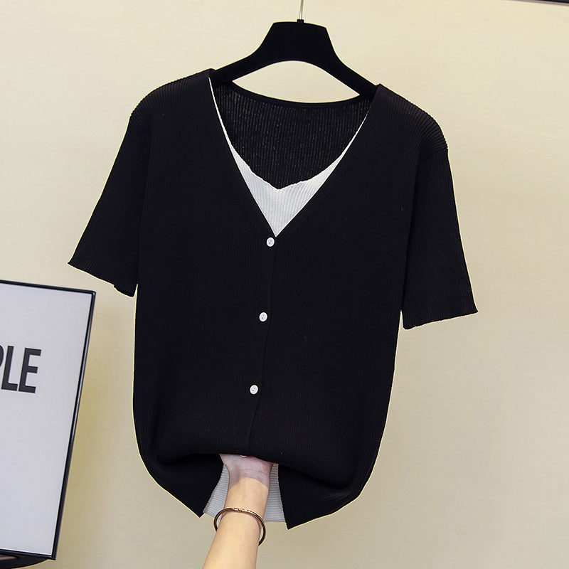 Plus Size Ribbed Knit Buttons V Neck Top