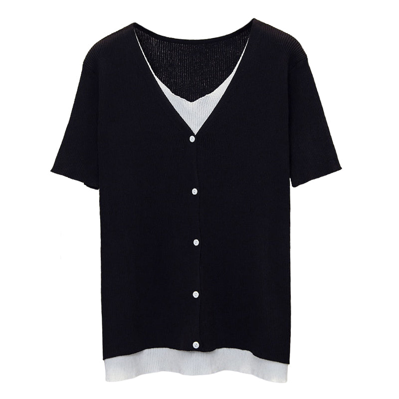 Plus Size Ribbed Knit Buttons V Neck Top