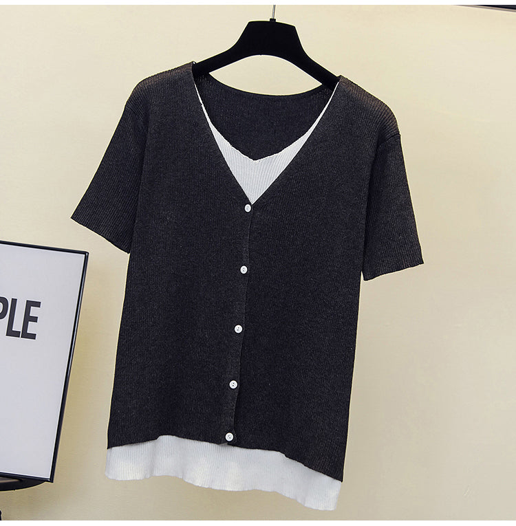 Plus Size Ribbed Knit Buttons V Neck Top