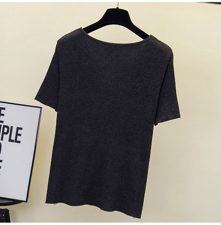 Plus Size Ribbed Knit Buttons V Neck Top