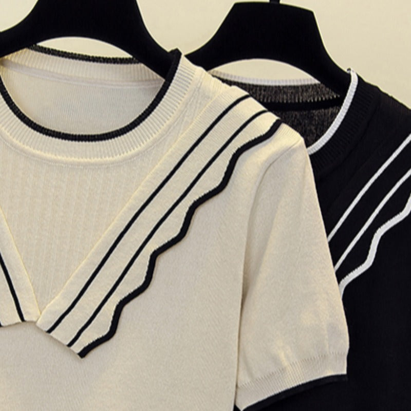 Plus Size Frill Round Neck Knit Blouse